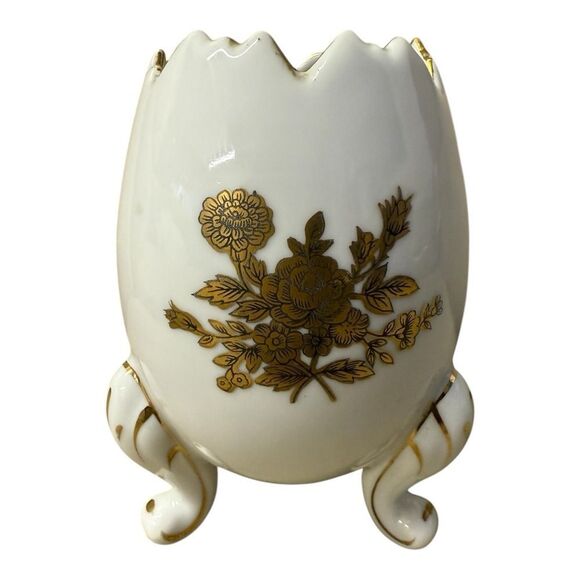 Vintage Napcoware Footed Egg Shape Vase. Gold & Black Flowers. Gold Trim 6" T - Picture 1 of 12